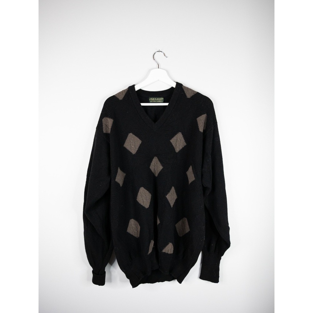 Lyle & Scott Hawick‎ Scotland 100% Lambswool Black Gray Argyle Sweater Mens L/XL